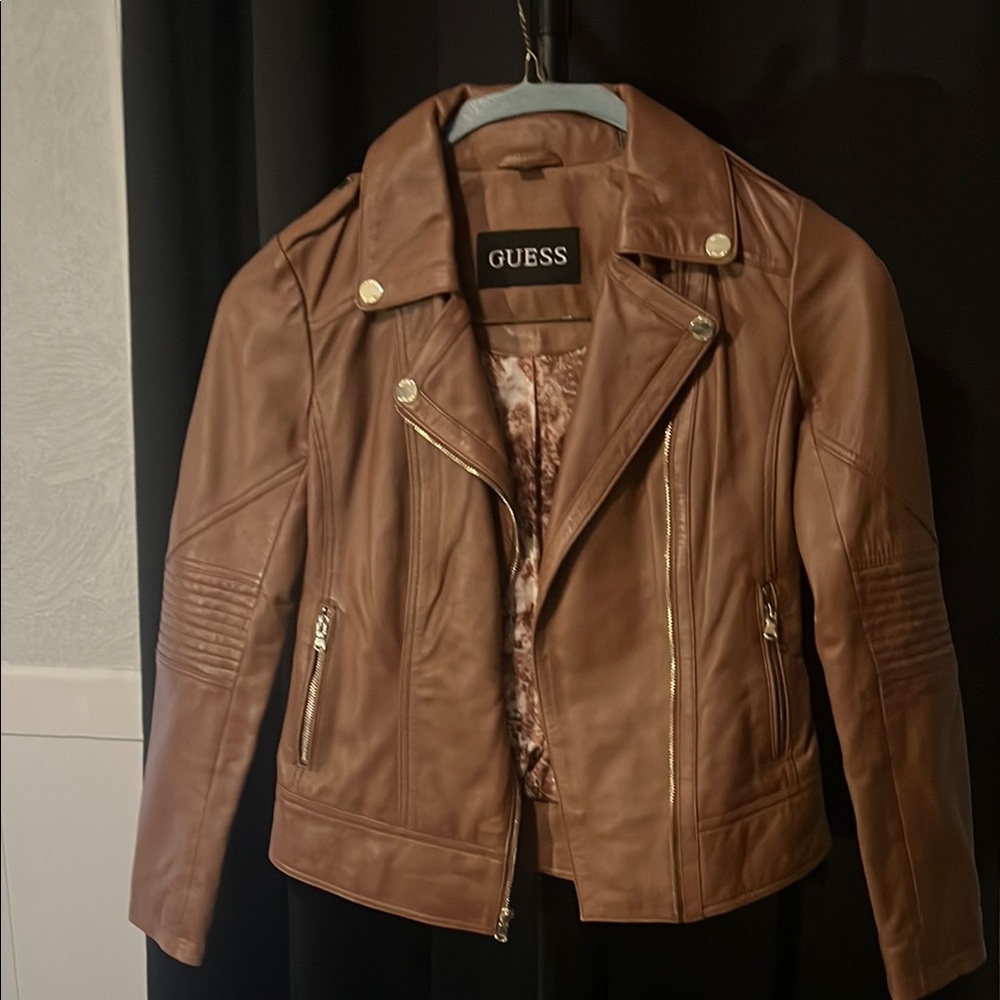 GUESS Brown Leather Moto Jacket with Gold Hardware